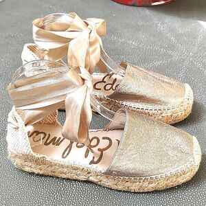 Sam Edelman ilia Gold Satin Ribbon Ankle Tie Closed Toe Espadrille Sandals